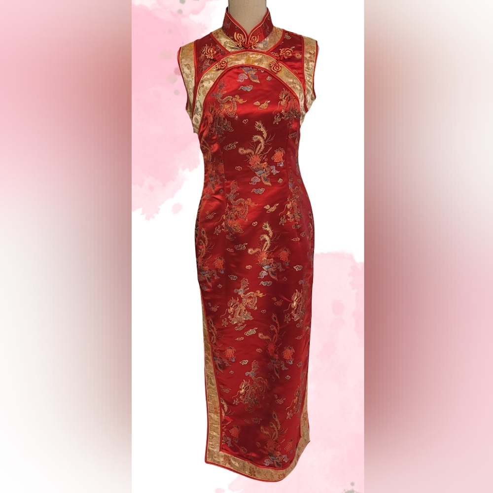 (D) Red Cheongsams, Red Long Traditional Dress